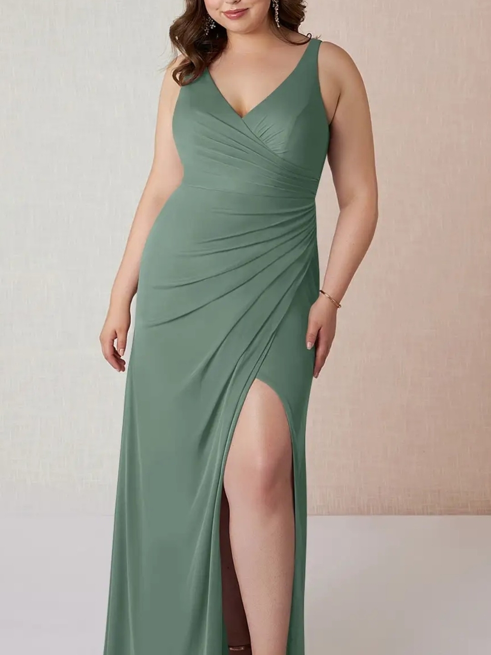 Azazie Leandra Sage V-Neck Ruched Side-Slit Evening Dress, Size 20